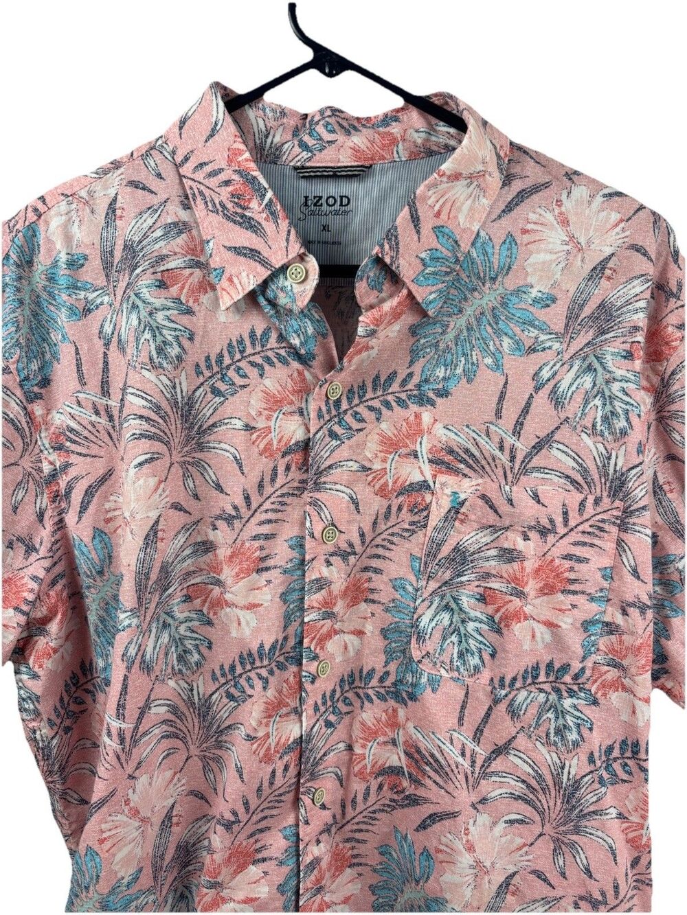 IZOD Saltwater Men’s XL Floral Pink Button Down Hawaiian Shirt 100% Cotton